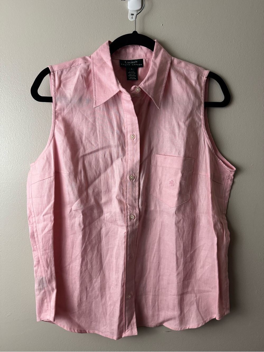 Lauren Ralph Lauren Pink Sleeveless Button-Down 100% Linen Top Size Large